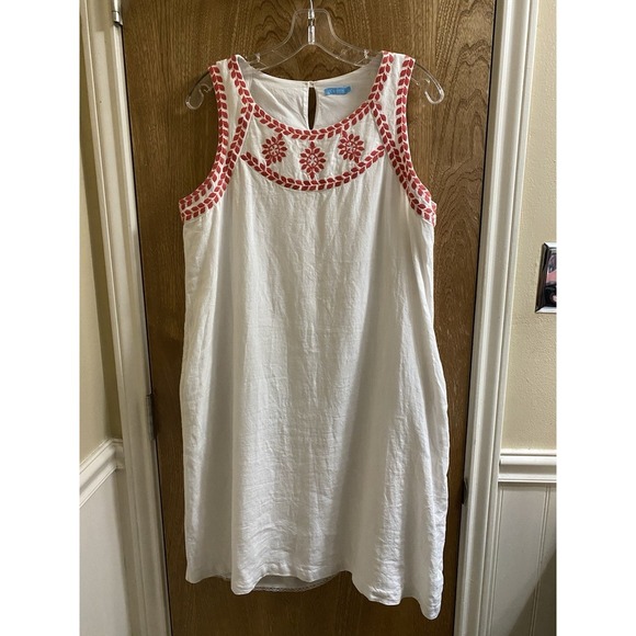 J McLaughlin Shift Dress Size L White Embroidered 100% Linen Pockets Knee Length - Picture 1 of 15
